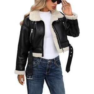 Women Faux Lamb Fur Leather Short Jacket Lapel Zipper Bomber Aviator Brown Black